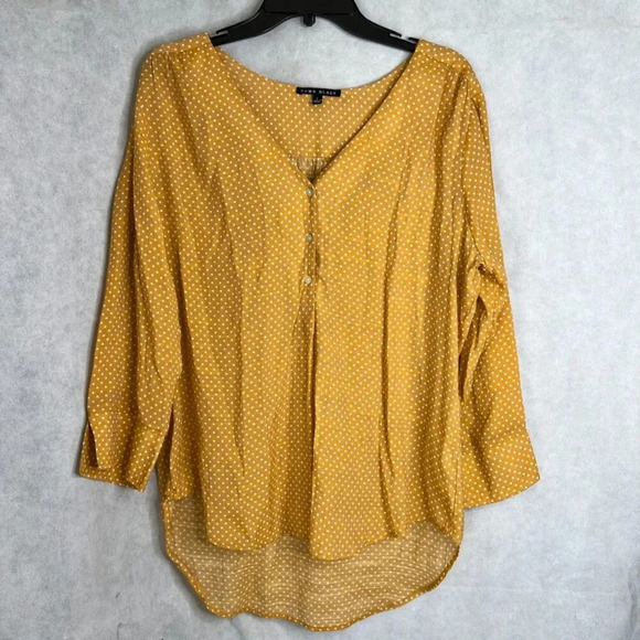 Como Black Yellow Polka Dot Vneck Long Sleeve Hi Low Blouse Sz LG - Picture 9 of 9